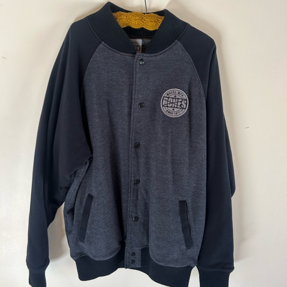 Bones Wheels skateboard varsity sweater snap button